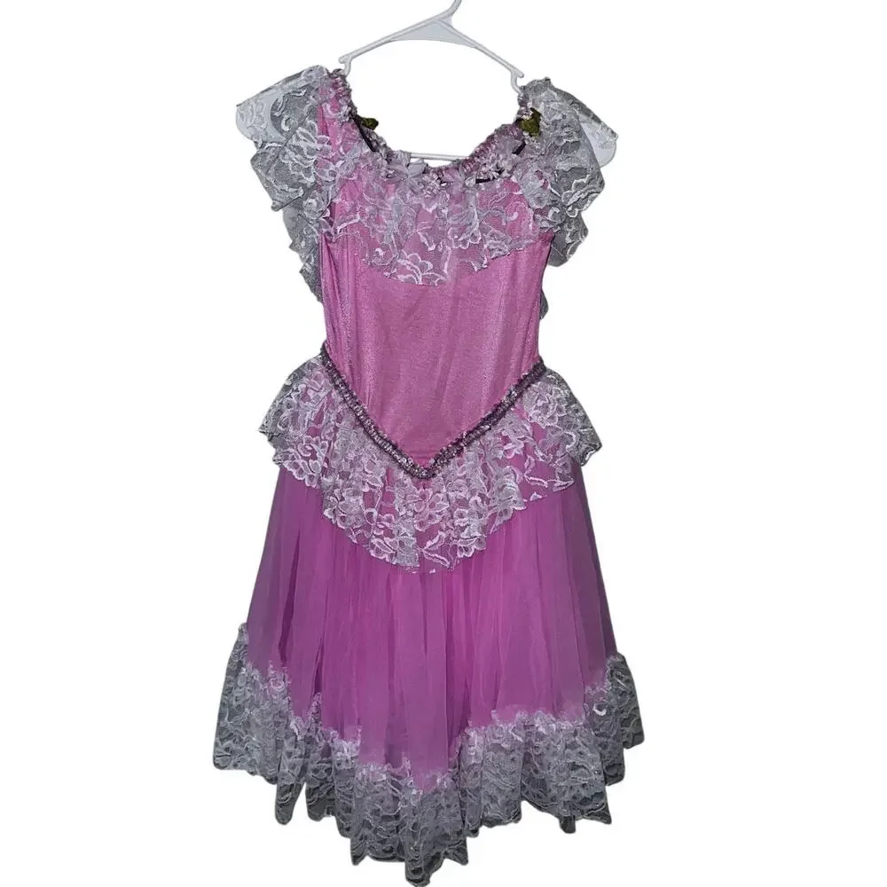 Vintage pink nylon lace kids dance dress sz L